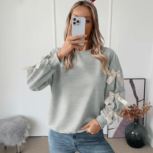 Sweet Bow Decorated Long Sleeve Sweatshirt Flower Gray - Shop at LoveMi