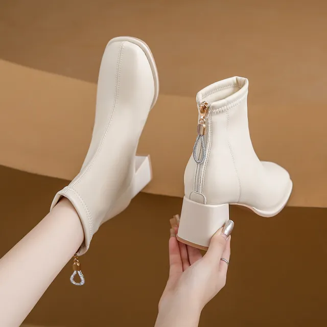 Fashion Square Toe Chunky Heel Back Zip Ankle Boots Beige - Shop at LoveMi