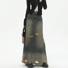 High Waist Loose And Slimming Long Skirt Ripped Denim Skirt - Blue - View 1