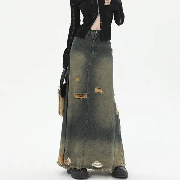 High Waist Loose And Slimming Long Skirt Ripped Denim Skirt Blue - Shop at LoveMi