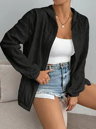 Solid Color Casual Zipper Long Sleeve Black - Shop at LoveMi