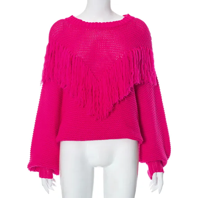 Fashion Loose fitting Long Sleeves Tassel Knitted Top Pink - Shop at LoveMi