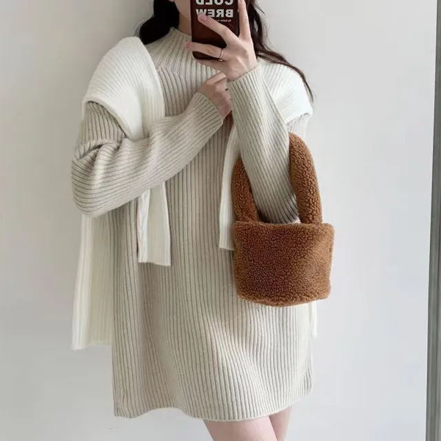 Half Turtleneck Pullover Autumn And Winter Long Sleeve Sweater Beige - Shop at LoveMi