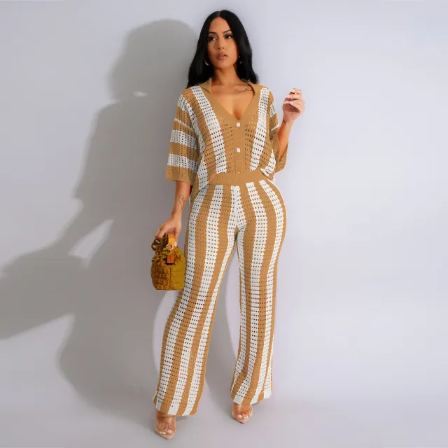 Women's Sexy V neck Hollow Striped Lapel Knitted Width Blouse And Pants Khaki - Shop at LoveMi
