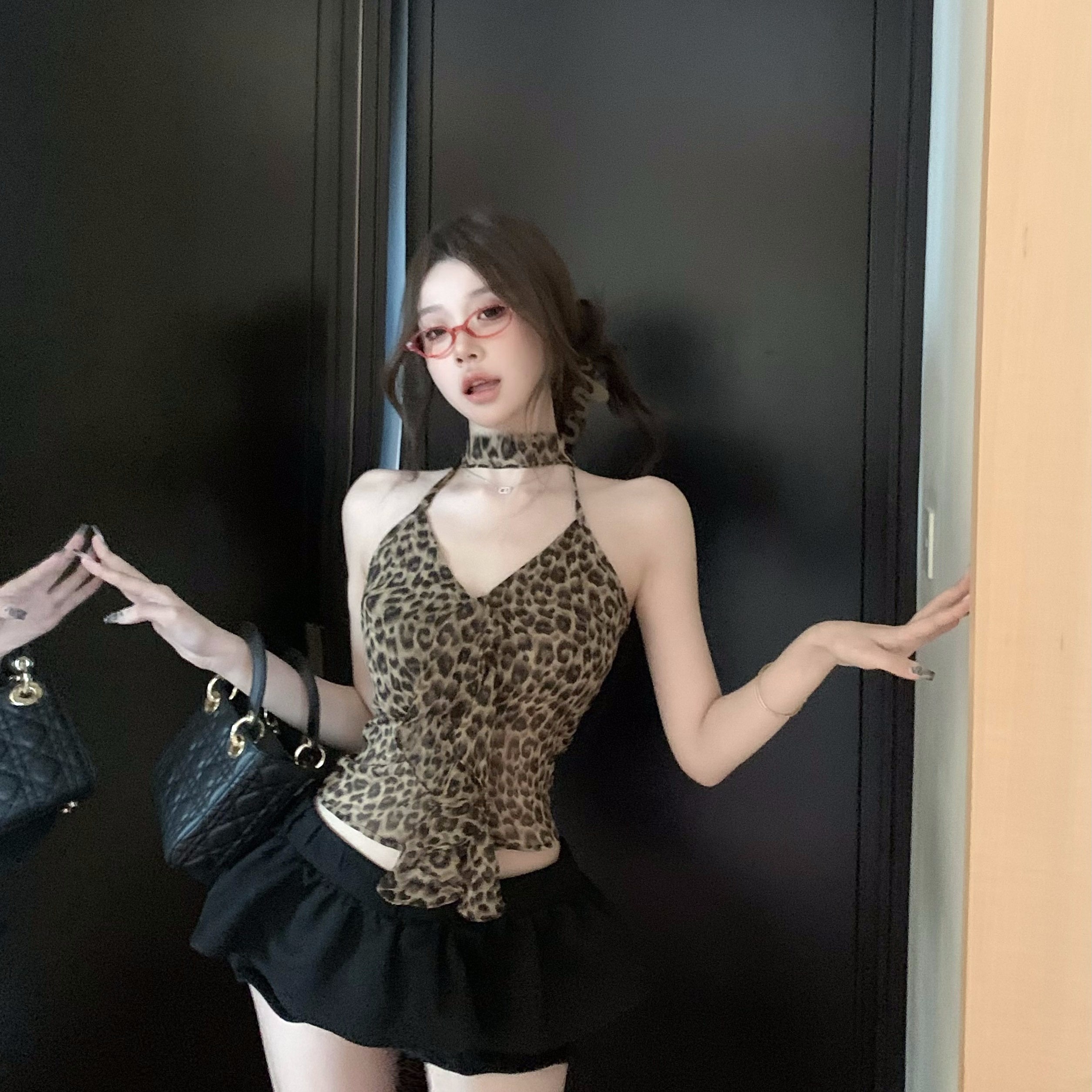 American Hot Girl Leopard Print Backless Halter Sling