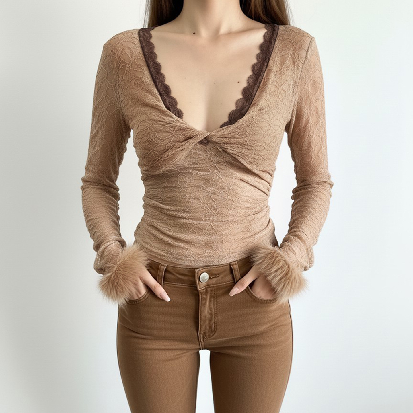 Soft-style Twist V-neck Lace Base Top Sexy, Figure-hugging Sweater With Fluffy Fabric Accents For A Sassy Look