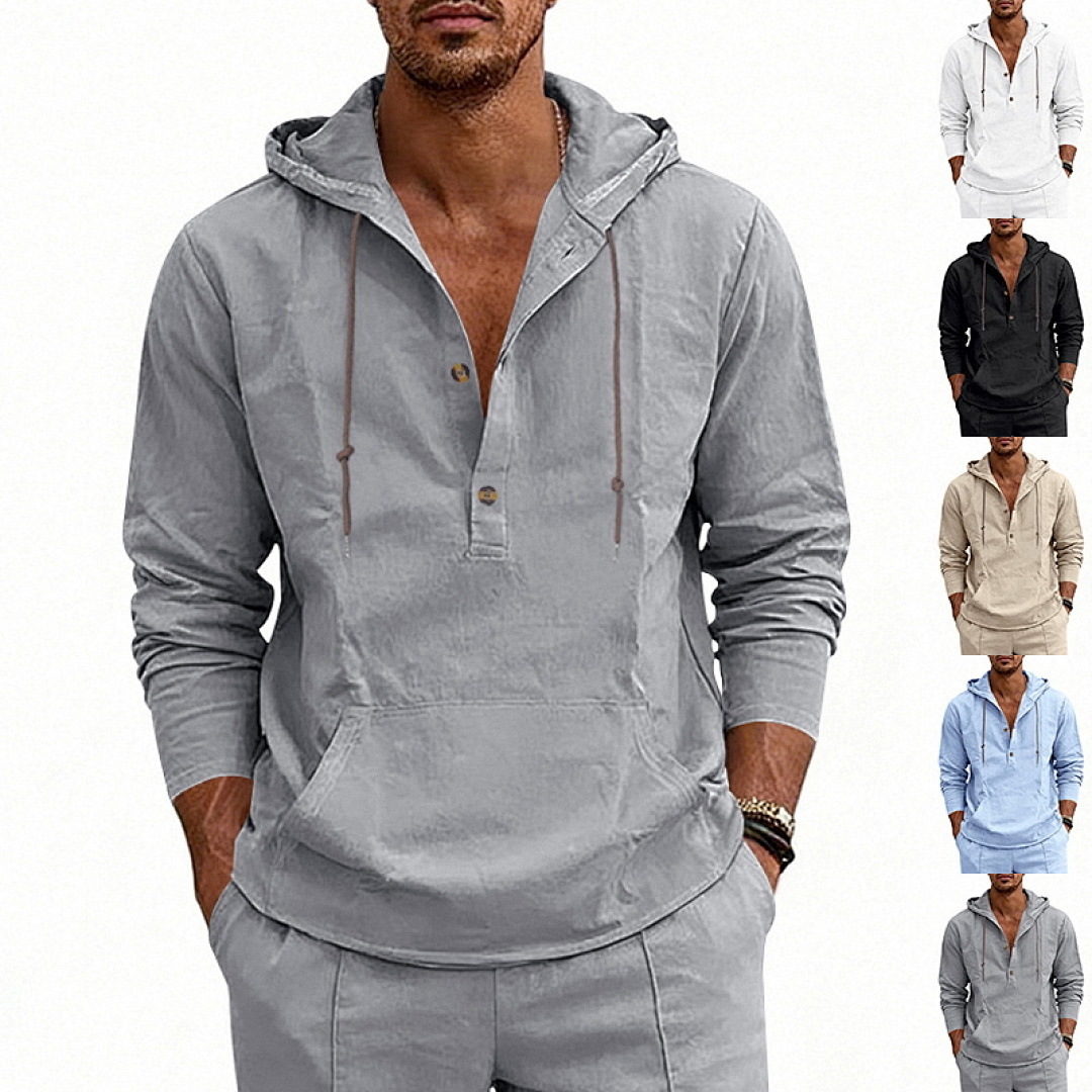 Linen Breathable Casual Mens Long-Sleeve Hooded Shirt