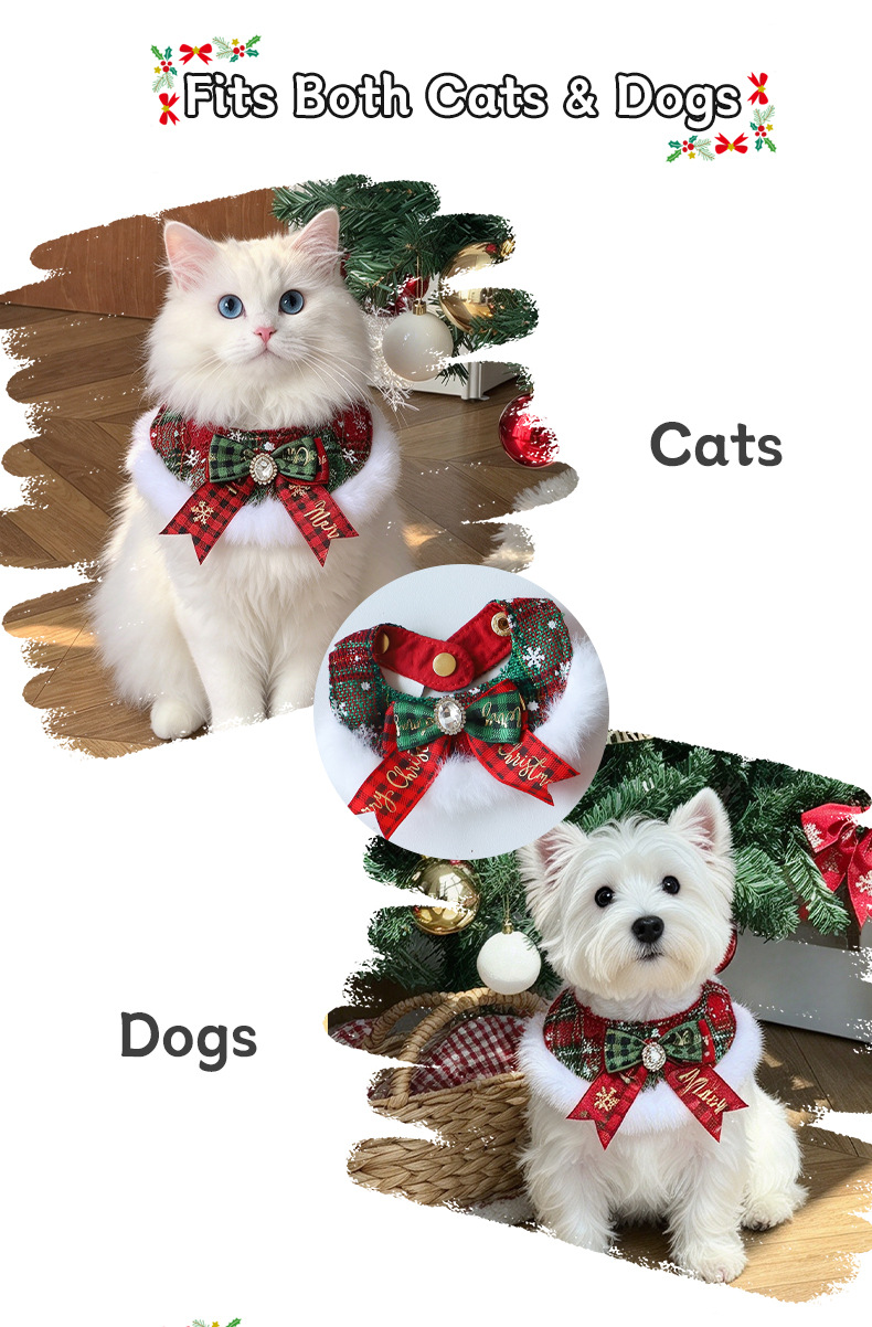 Christmas Red And Green Plaid Plush Bowknot Cute Puppy Triangular Pet Scarf detail photo 2