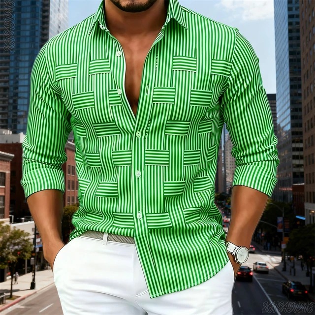 Men's Fashion Blue And White Striped Long-Sleeve Shirt 6