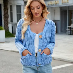 Women's V-neck Three-button Sleeveless Cardigan - 60501 Dark Blue - View 1