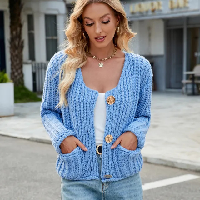 Women's V neck Three button Sleeveless Cardigan 60501 Dark Blue - Shop at LoveMi