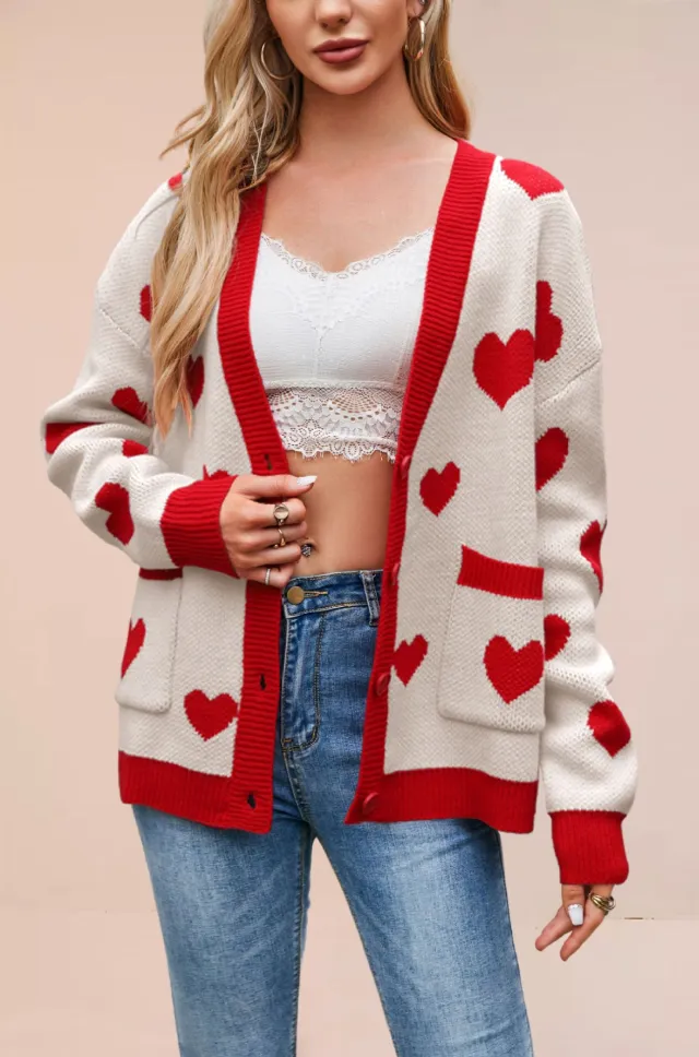 Heart Peach Knitted Cardigan Pocket V neck Common Style Coat Apricot - Shop at LoveMi