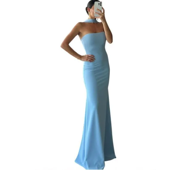 Solid Color Adjustable Halter Slim Fit Dress Blue - Shop at LoveMi