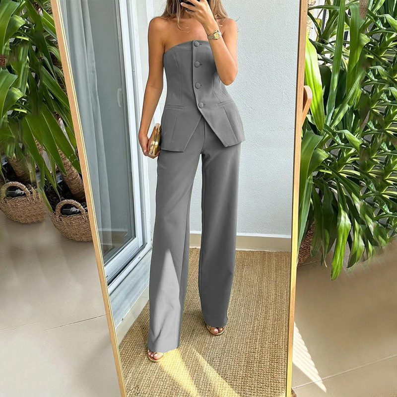 Trending Women's Tube Top Buttoned Sleeveless Top Suit And Fashion Straight Pant - Picture 8 of 8