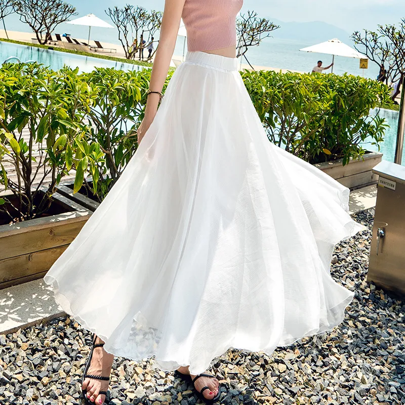 Chiffon Skirt Large Swing Skirt Vacation Beach Dress Fairy Dress - White
