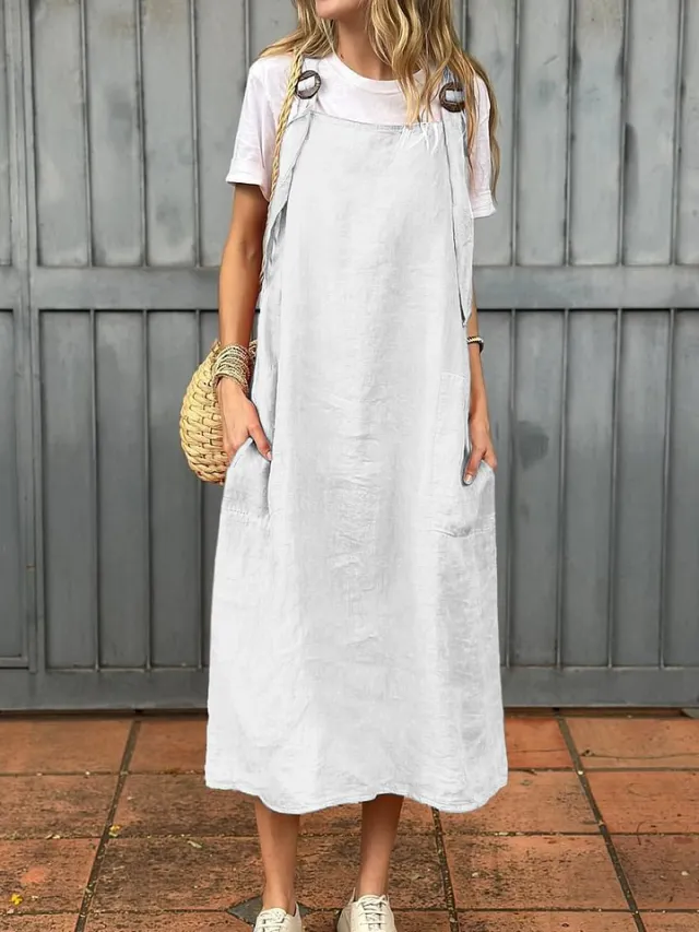 Summer Women's Adjustable Shoulder Strap Casual Cotton And Linen Dress White - Shop at LoveMi