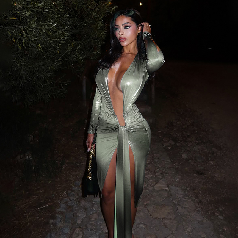 Casual Elegant Printed Deep V Long Sleeve Streamer Pleated Length Dress