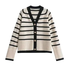 V-neck Loose And Idle Contrast Color Striped Knitted Coat - Stripes - View 1