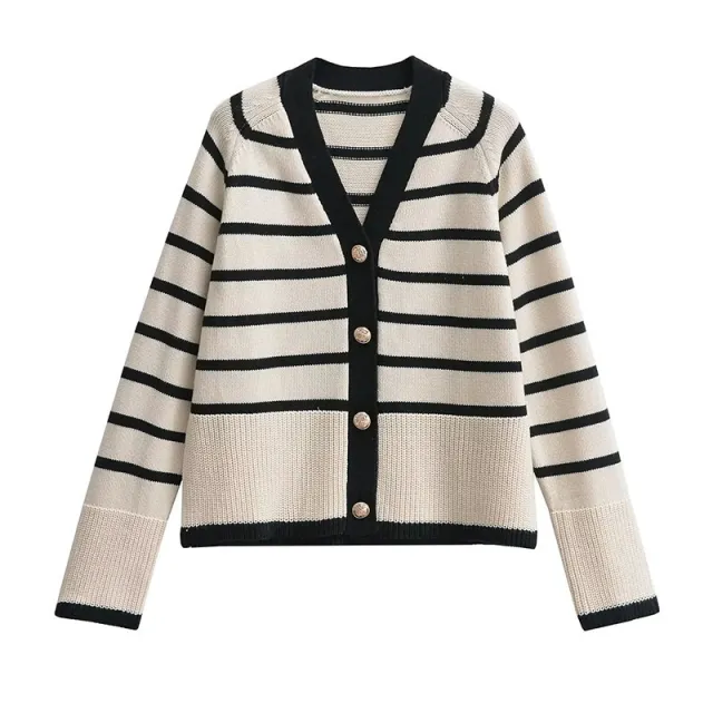V neck Loose And Idle Contrast Color Striped Knitted Coat Stripes - Shop at LoveMi