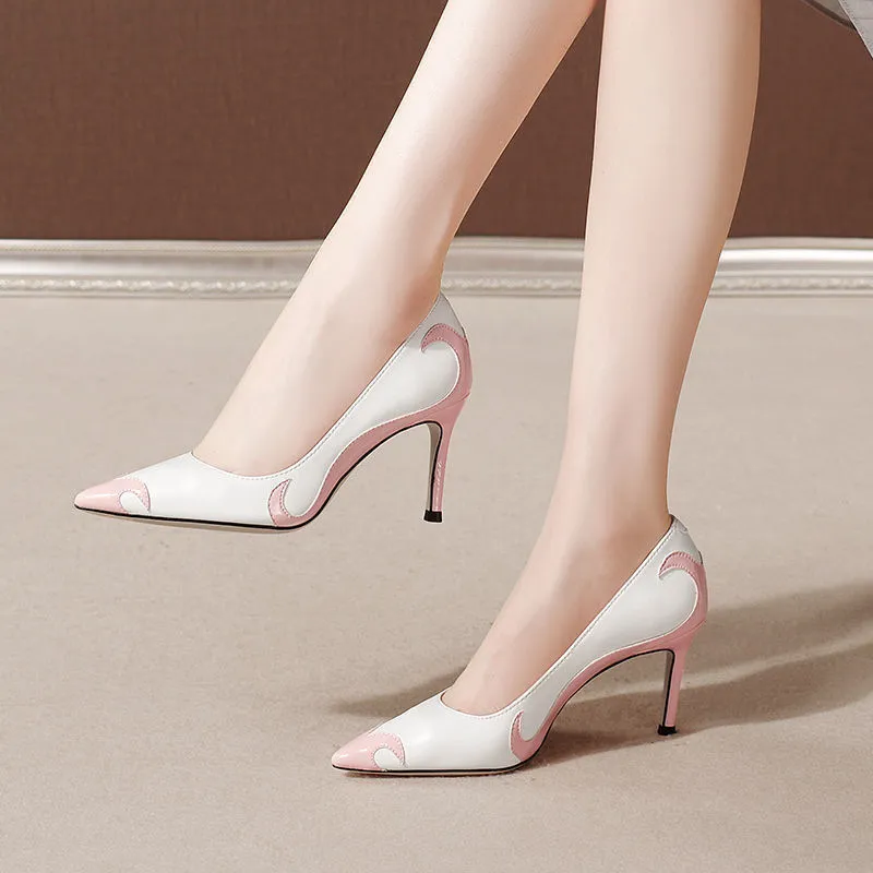 Women's Korean-style Fashionable Pointed Low-cut Stiletto Heel Slip-on High Heels - Pink
