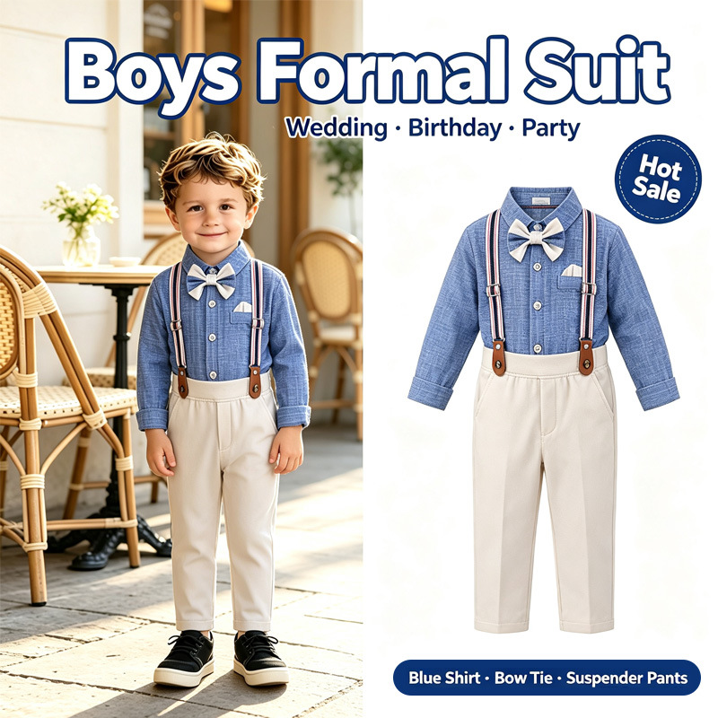 Blue Shirt Bow Tie And Suspender Overalls Children's Clothing
