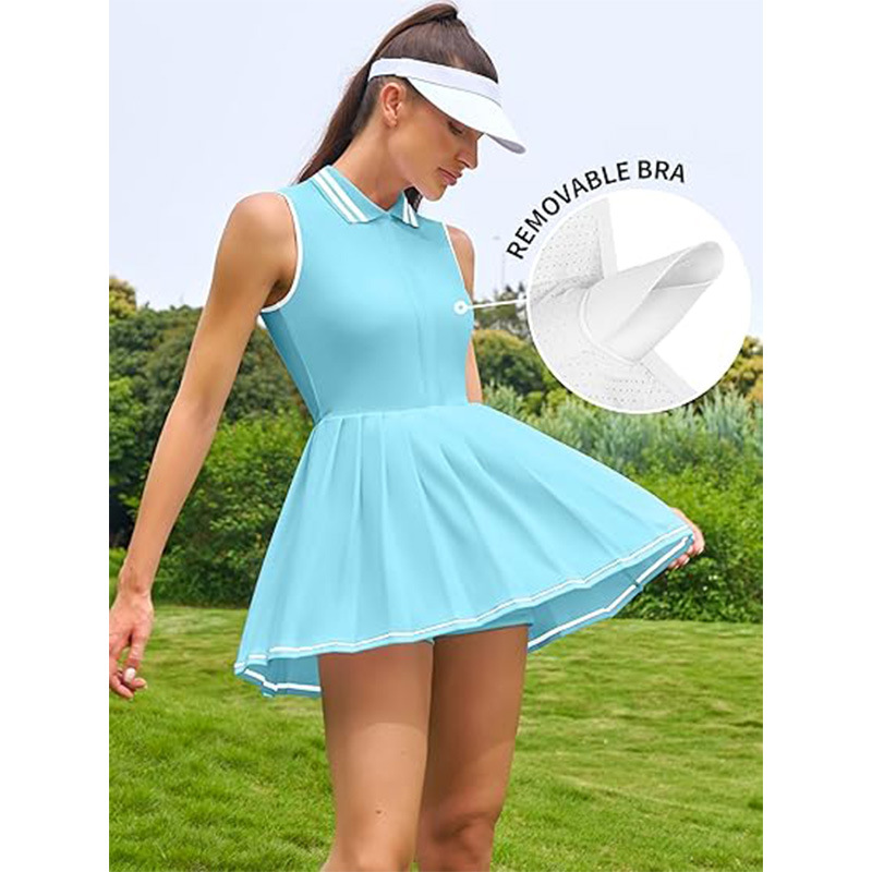 Contrast Color Polo Collar Tennis  Golf Dress Half Zipper Pleated Fitness Exercise Skirt - Image 3