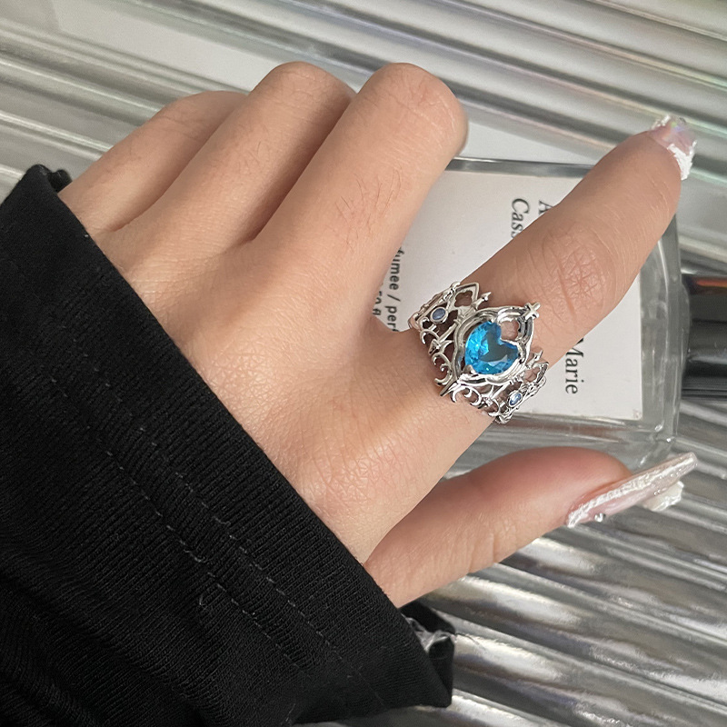 Red Blue Heart-shaped Open Ring Women's High Sense