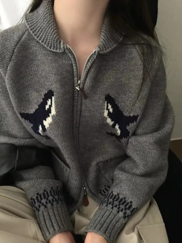 Korean Style Heavy Industry Cartoon Dolphin Lapel Zipper Knitted Cardigan Gray - Shop at LoveMi