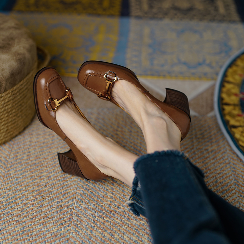 Womens Retro Square-Toe French-Style Chunky-Heel Pumps