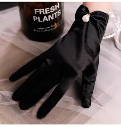 Black Satin Short Pearl Gloves - Black - View 1