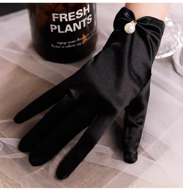 Black Satin Short Pearl Gloves Black - Shop at LoveMi