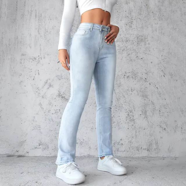 Women's Straight Leg Slim Fit Jeans, Fashionable And Simple Light Blue Pants Light Blue - Shop at LoveMi