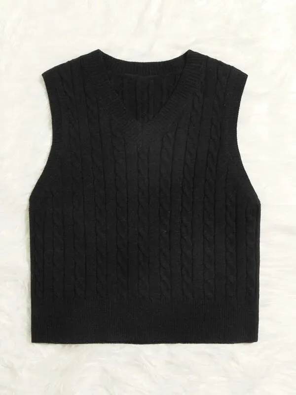 SpringSummer Knitted Cabled Vest Pullover With V Neck Black - Shop at LoveMi
