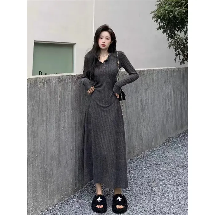 Pure Desire Dark Gray Long-sleeve Knitted Dress - Dark Gray