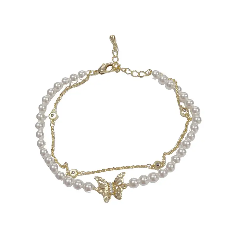 Light Luxury Gentle Versatile Double-layer Pearl Chain Butterfly Bracelet