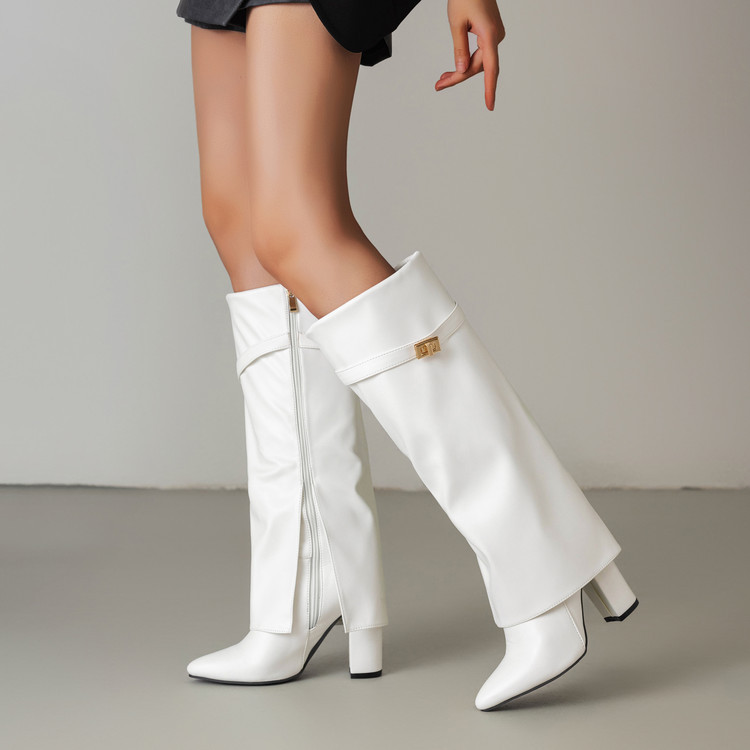 Womens Pointed-toe High-shaft Straight-leg Mid-calf Boots With Metal Buckles