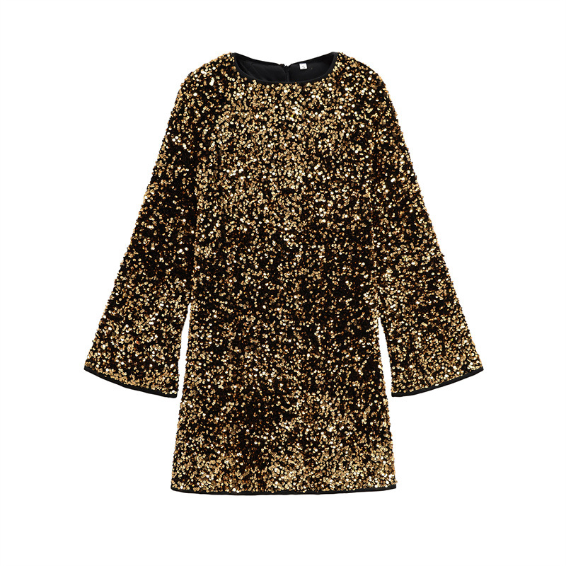Long Sleeve Round Neck Sequins Long Sleeve Dress