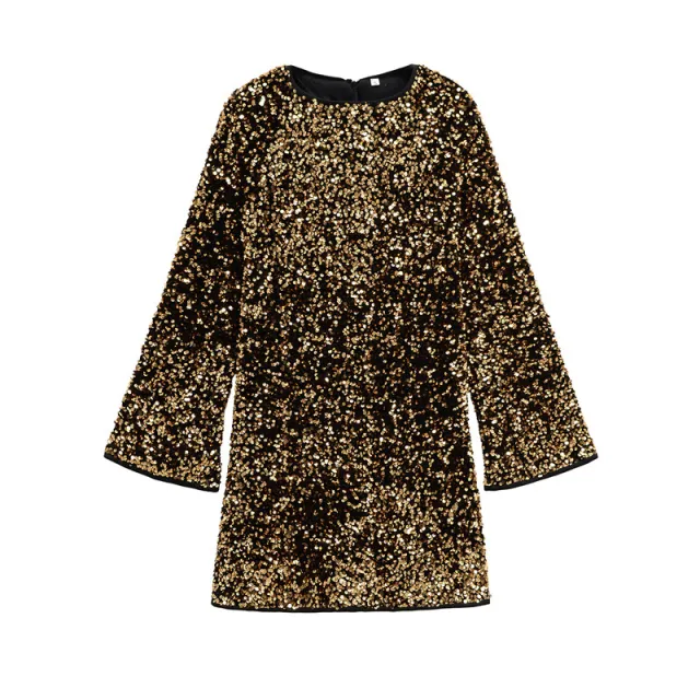 Long Sleeve Round Neck Sequins Long Sleeve Dress - Shop at LoveMi