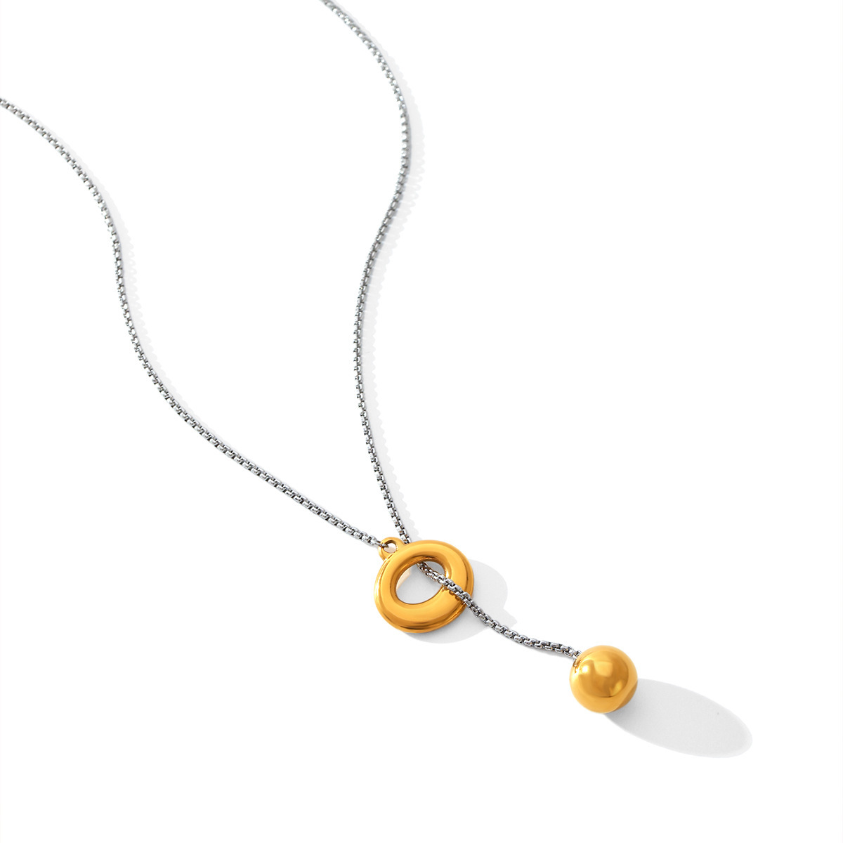 European And American Gold And Silver Color Matching Stainless Steel Ring Buckle Ball Pendant Necklace