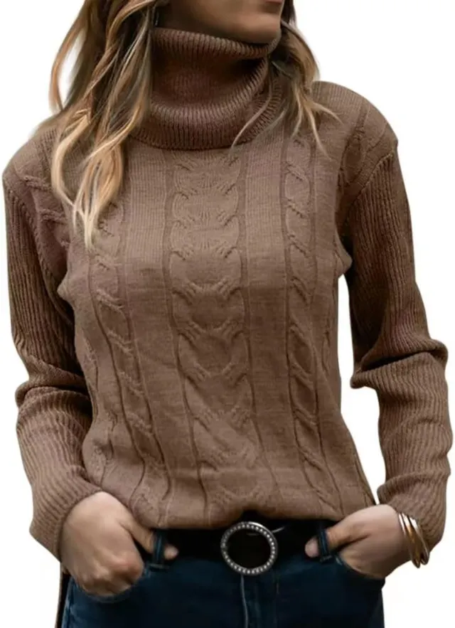 Solid Color Turtleneck Sweater Retro Long Sleeve Sweater Dark Brown - Shop at LoveMi