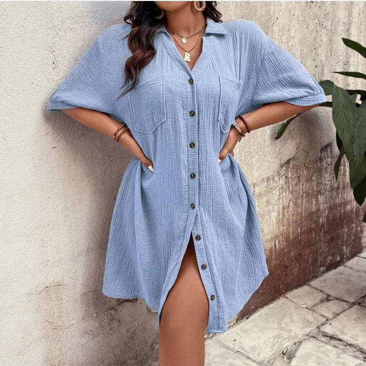 Loose-fitting Casual Cotton-linen Dress With A Turn-down Collar And Three-quarter-length Sleeves