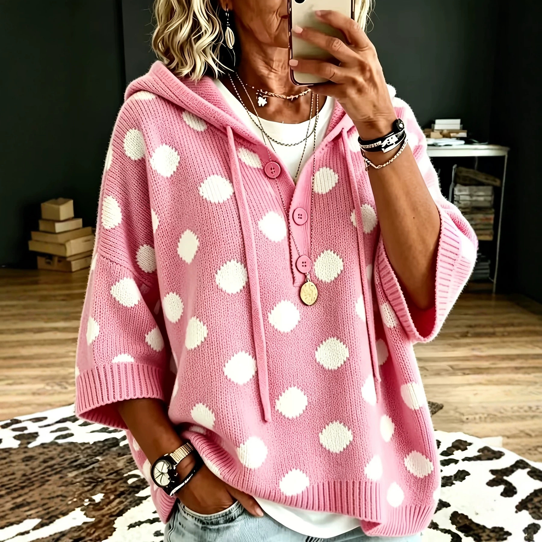 Elegant Casual-style Loose-fit Polka-dot Hooded Knit Top With Tie Details