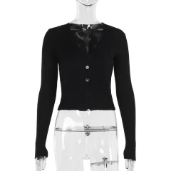 Deep V-neck Wool Long-sleeved Top Fashion Slim-fit Versatile - Black - View 1