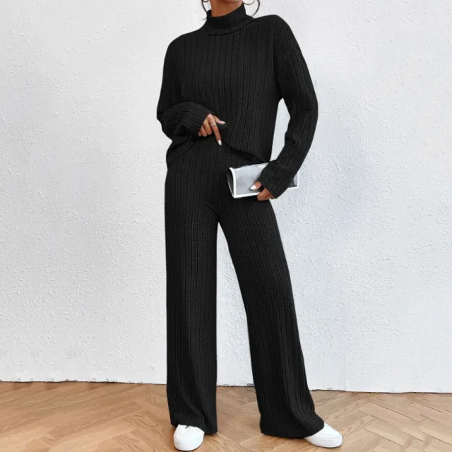 Autumn And Winter Leisure Turtleneck Knitting Long sleeve Suit Women's Sweater Loose Trousers Two piece Set Black - Shop at LoveMi