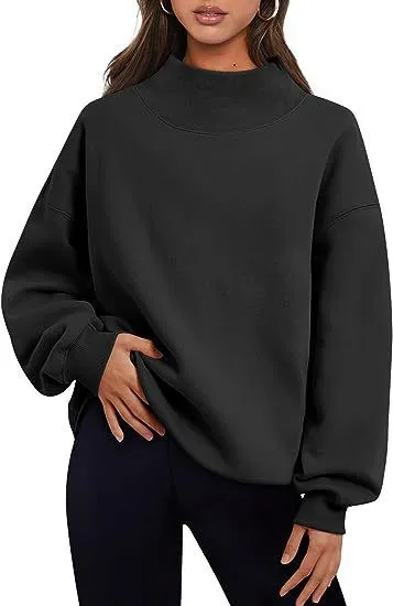 Casual Style Fleece Shirt Thick Half Turtleneck Loose Women's Sweater Black - Shop at LoveMi