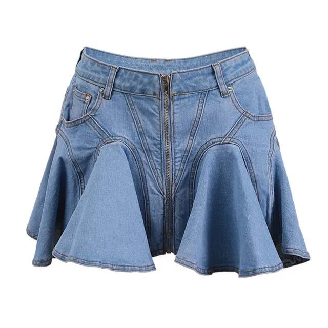 Three dimensional Ruffled Stitching Denim Skirt Blue - Shop at LoveMi