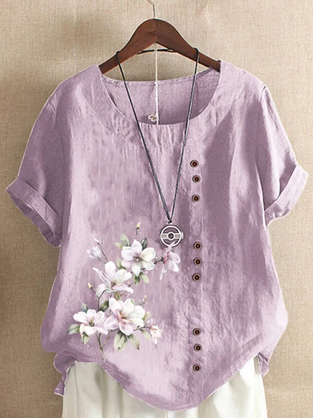 Women's Retro Cotton And Linen Print Loose Casual Shirt Short Sleeve Purple - Shop at LoveMi