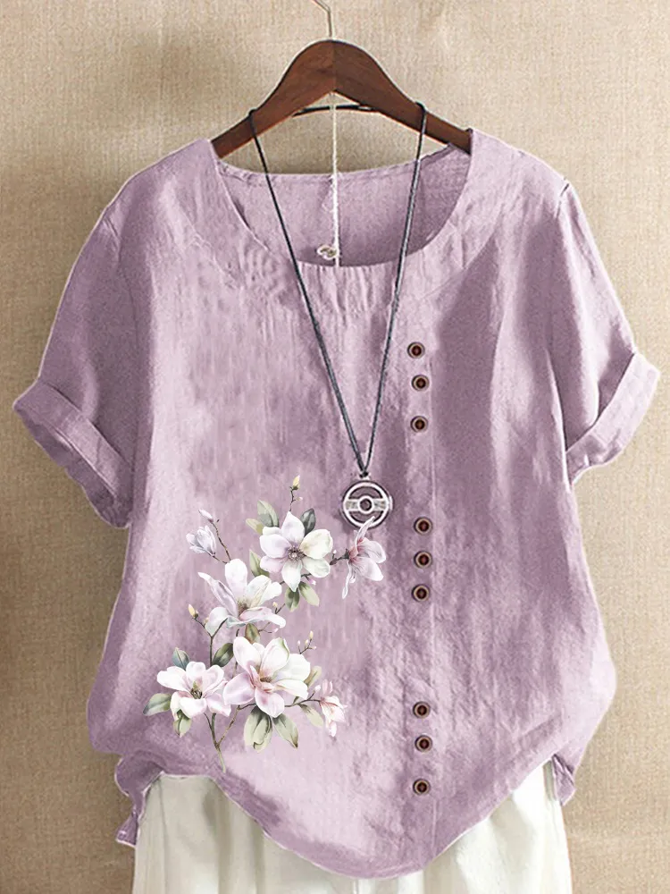 Women's Retro Cotton And Linen Print Loose Casual Shirt Short Sleeve - Purple