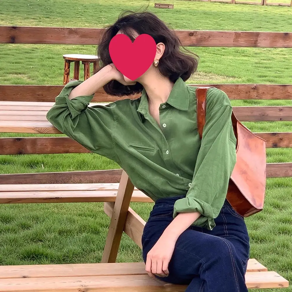 French-style Green Corduroy Shirt Women's Long Sleeve
