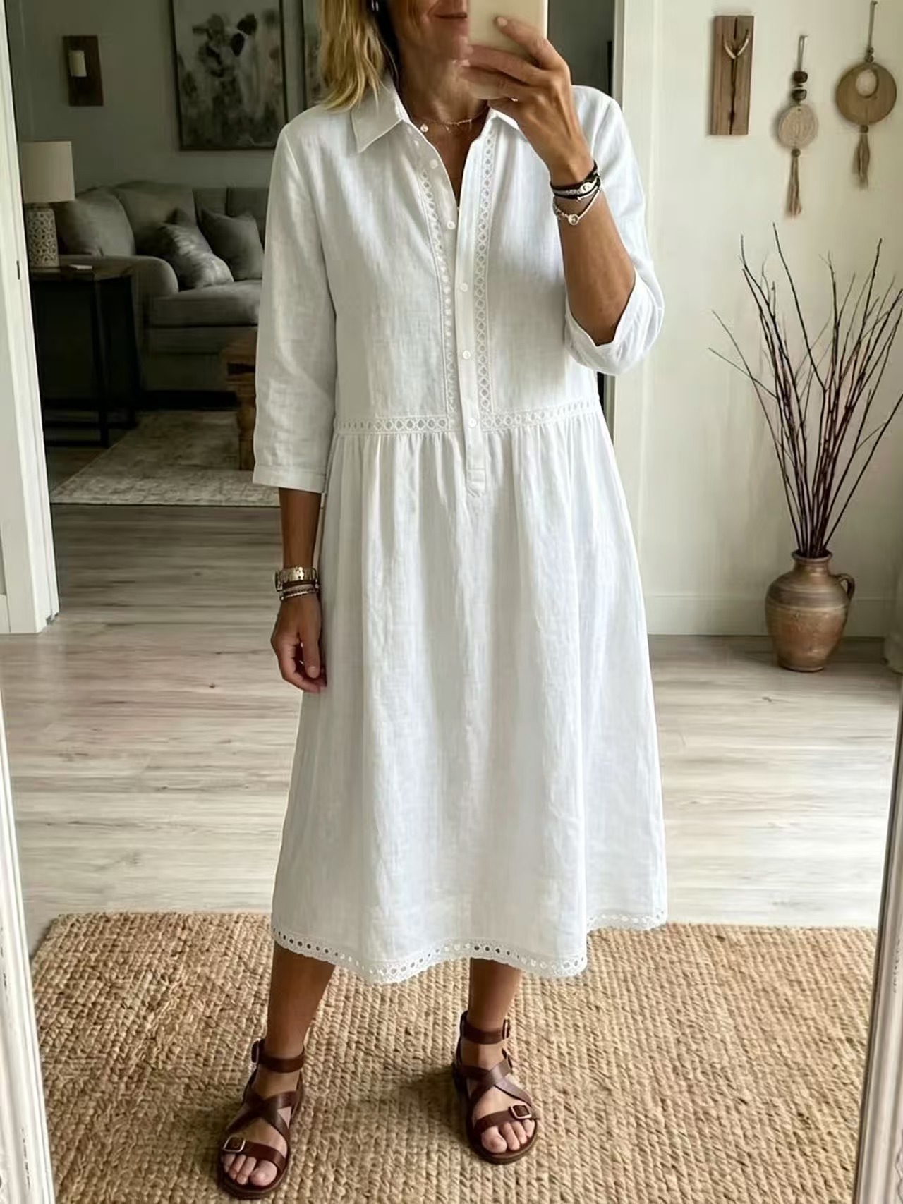Elegant And Casual Solid-color Three-quarter-sleeve Womens Shirt Dress